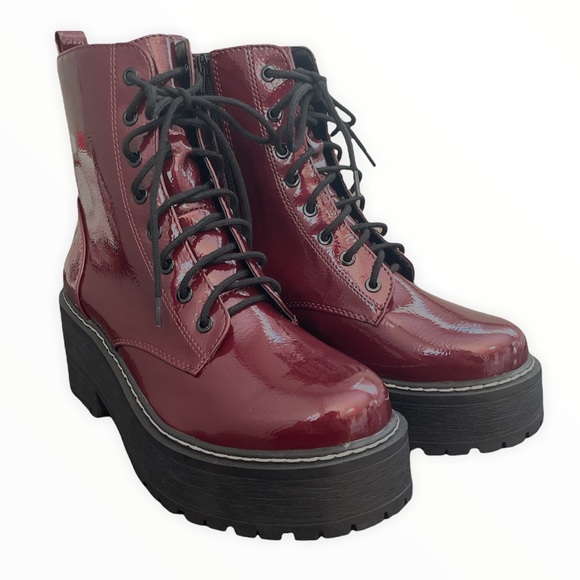 Burgundy Lace Up Platform Combat Boots - Picture 3 of 9
